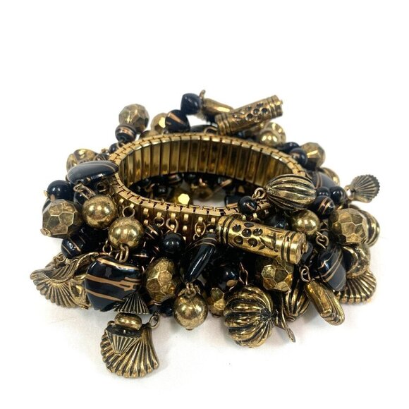 Shell Charm Bracelet Stainless Steel Accordion Band Antique Gold Tone One Size - Picture 3 of 6